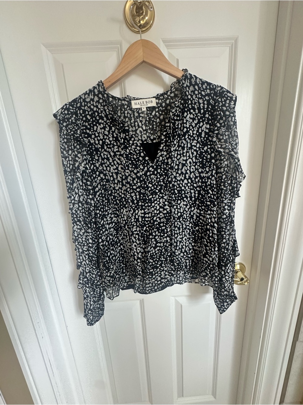 Hale Bob Black and White Printed V-Neck Ruffle Sleeve Blouse